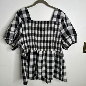 Grace + Karma Womens 2X Gingham Smocked Puff Sleeve Peplum Blouse Black White
